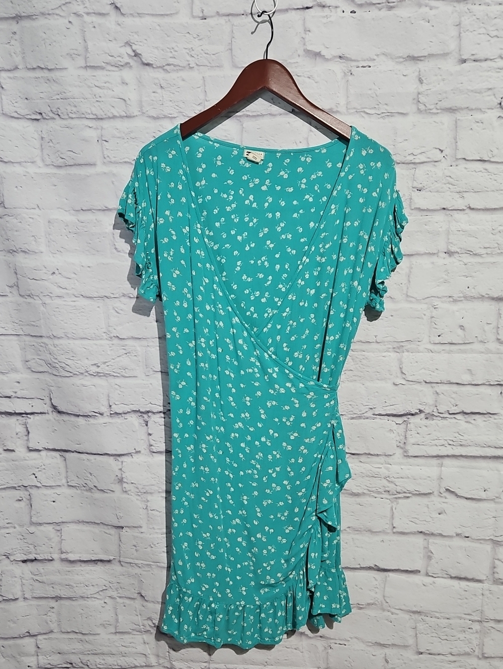 Billabong Teal Floral Wrap Dress with Ruffle Trim